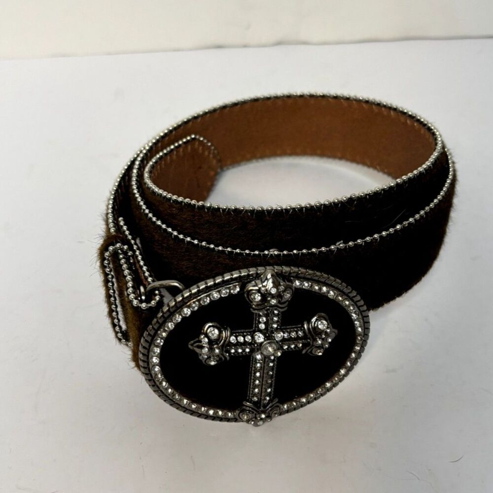 Western Cowgirl Rhinestone Cross Studded Pony Hair Belt Brown Silver